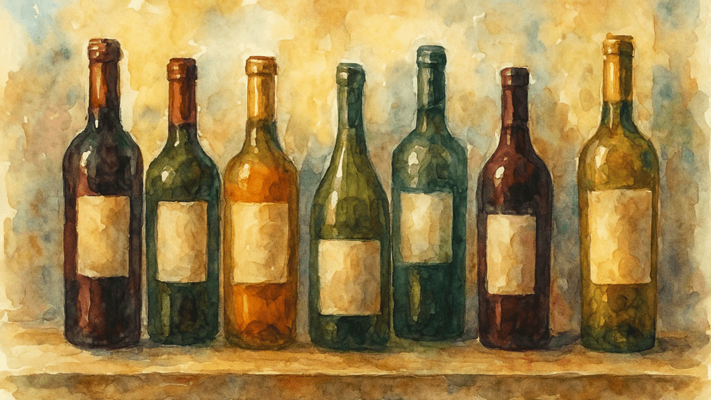 Image type aquarelle représentant des bouteilles de vin