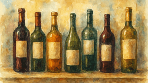 Image type aquarelle représentant des bouteilles de vin