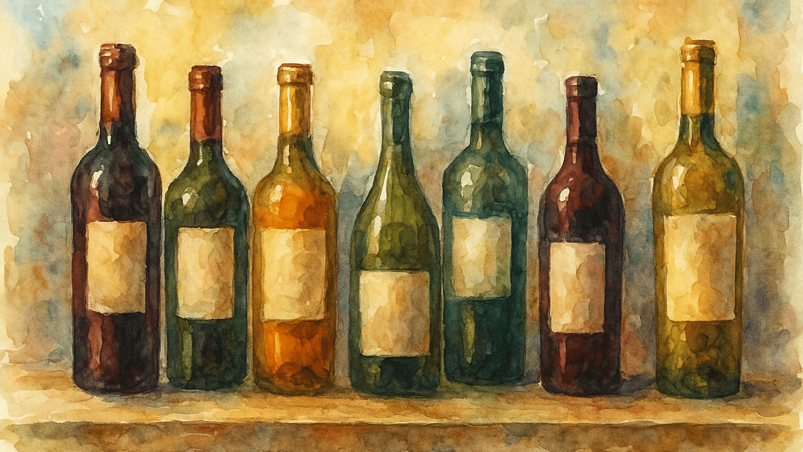 Image type aquarelle représentant des bouteilles de vin